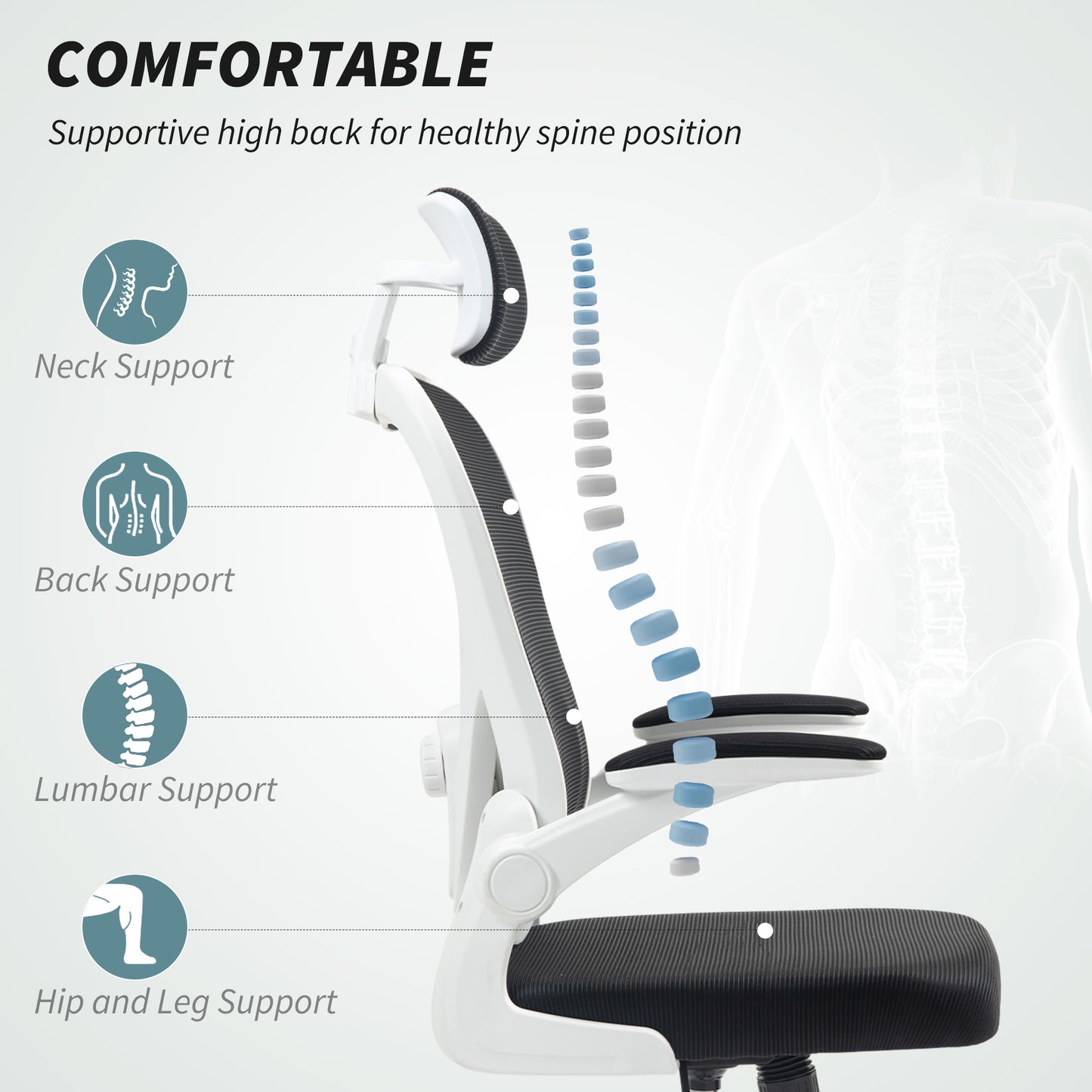 HOMCOM Executive Office Chair, Ergonomic Mesh High Back Desk Chair with Flip-up Armrest, Rotatable Headrest, Adjustable Lumbar Support, Swivel Computer Chair for Home Study, Black