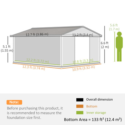 Outsunny 13 x 11ft Metal Garden Shed, Outdoor Storage Tool House with Ventilation Slots, Foundation Kit and Lockable Double Doors, Grey