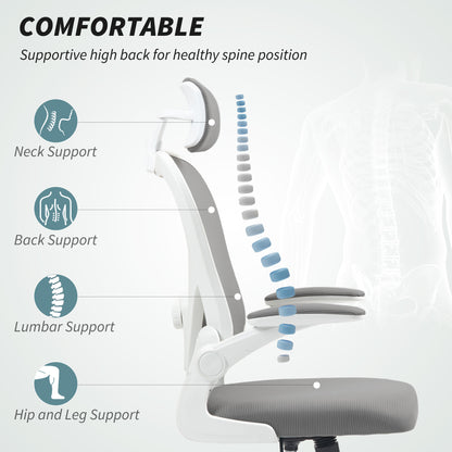 HOMCOM Executive Office Chair, Ergonomic Mesh High Back Desk Chair with Flip-up Armrest, Rotatable Headrest, Adjustable Lumbar Support, Swivel Computer Chair for Home Study, Grey