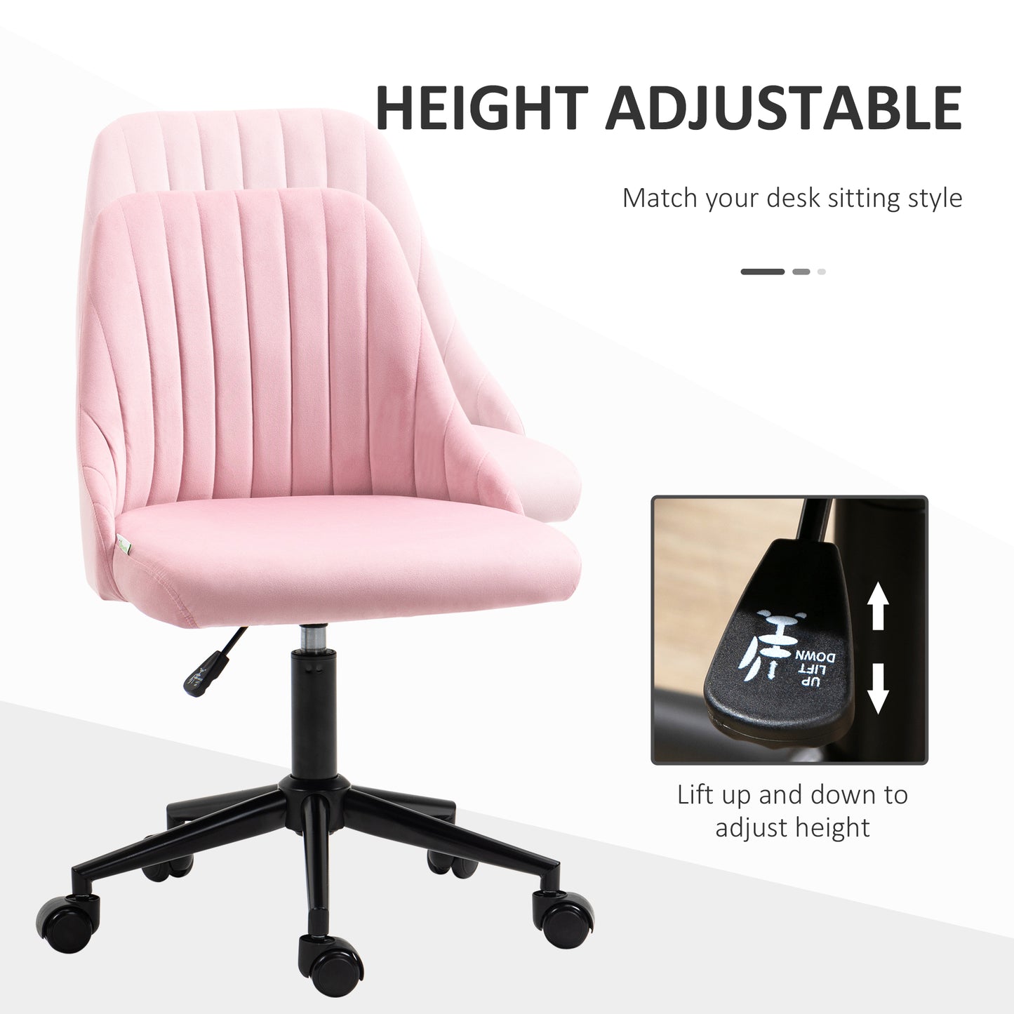 Vinsetto Velvet-Feel Armless Office Chair - Pink