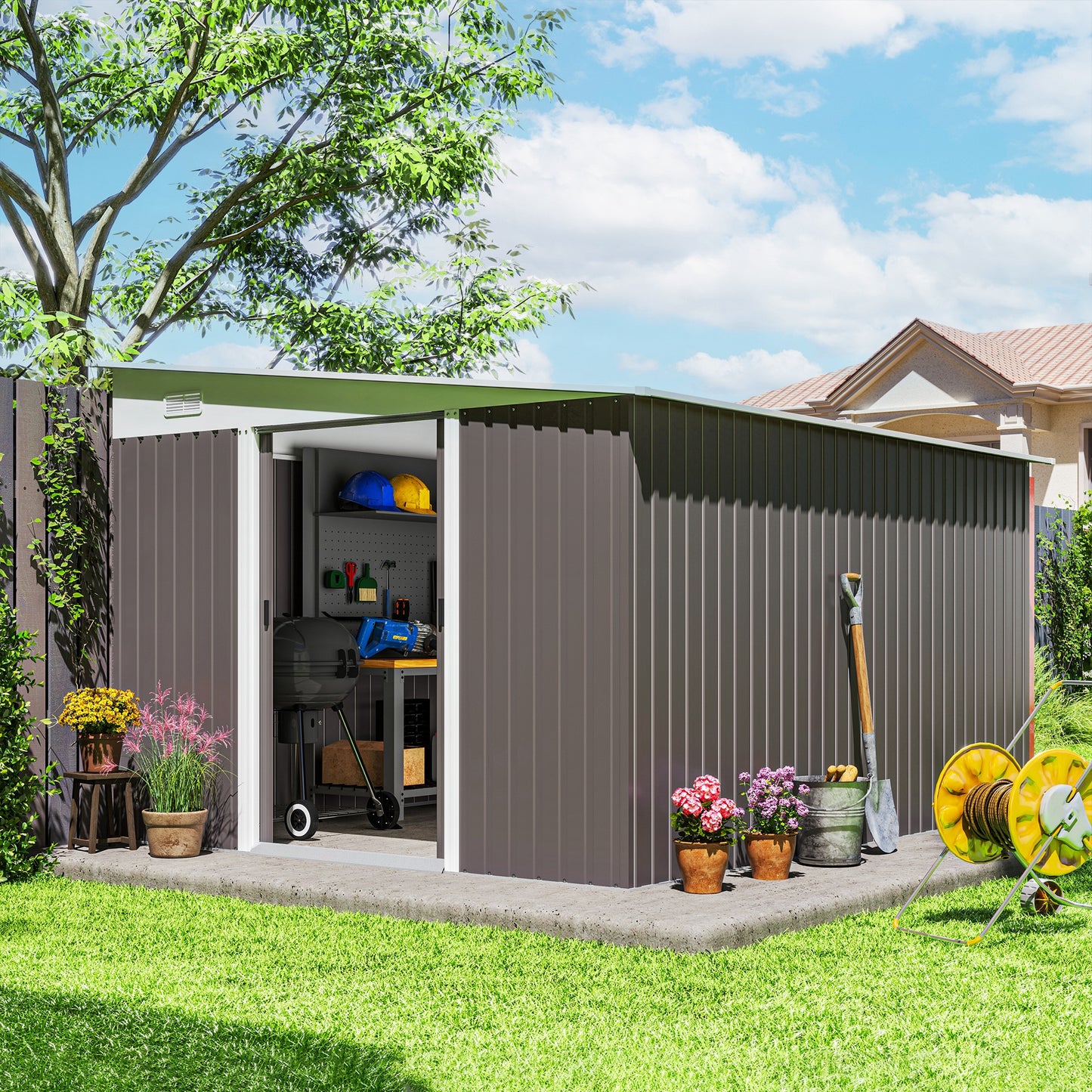 Outsunny 11.3 x 9.2ft Lean to Metal Garden Shed, Outdoor Galvanised Tool Storage House with Double Sliding Doors and 2 Air Vents, Grey