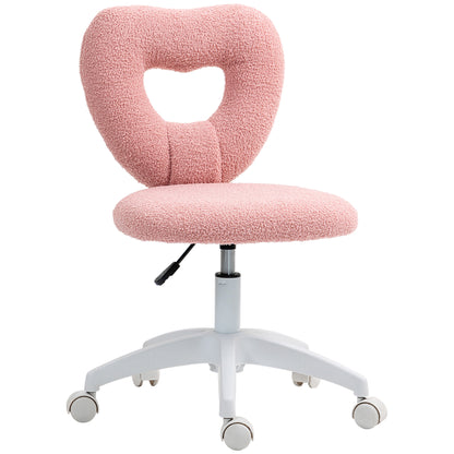 HOMCOM Armless Heart Computer Desk Chair, Teddy Fleece Swivel Office Chair, Makeup Vanity Chair with Height Adjustable, Wheels, for Home Study Bedroom, Pink