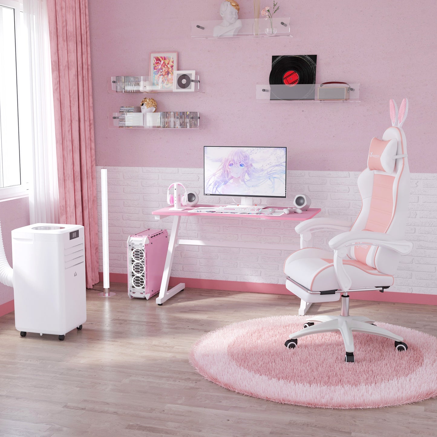 Vinsetto Racing Gaming Chair, Reclining PU Leather Computer Chair with Removable Rabbit Ears, Footrest, Headrest and Lumber Support, Pink