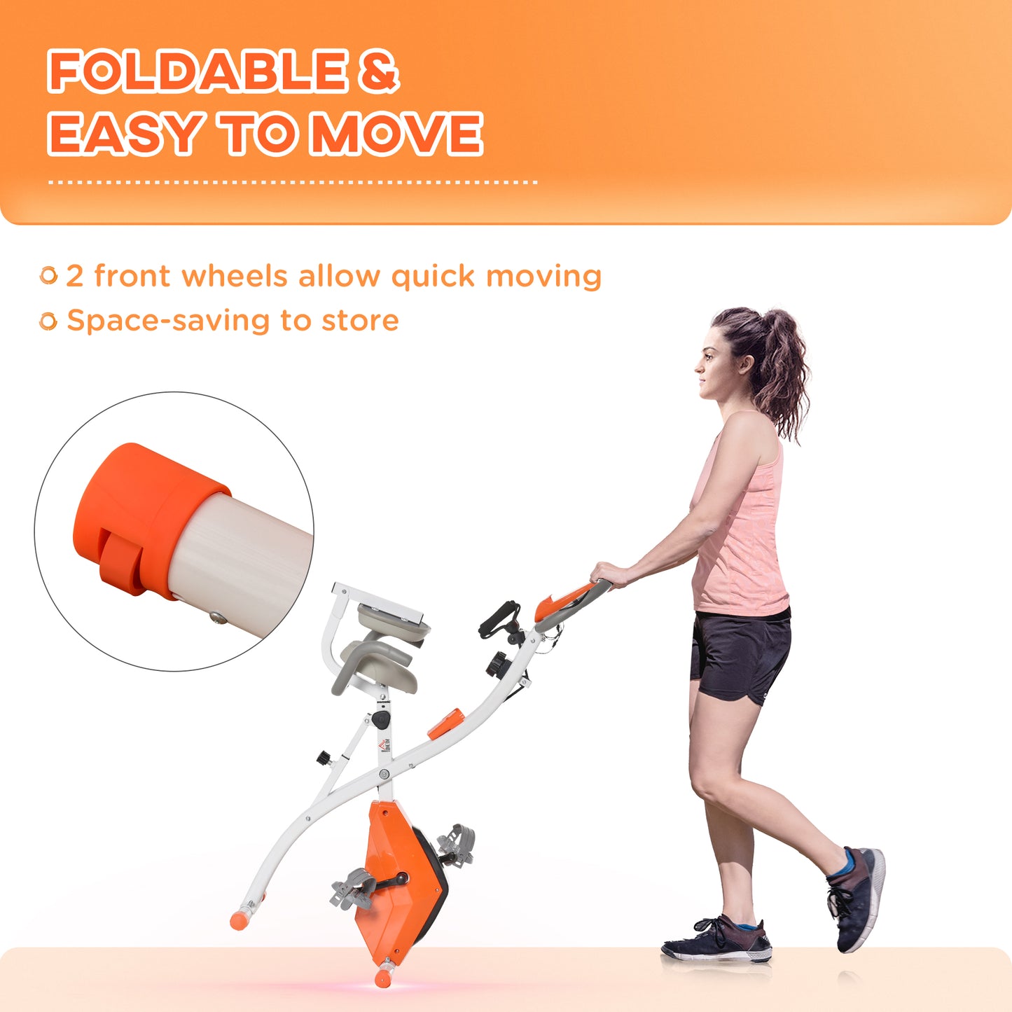 HOMCOM 2-in-1 Folding Exercise Bike with 8-Level Magnetic Resistance, Arm Resistance Band, Pulse Sensor, Orange