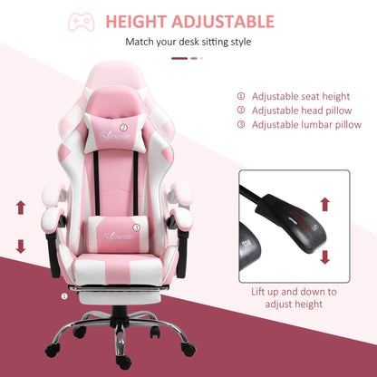 Vinsetto Pink Computer Gaming Chair, Desk Chair with 135° Reclining Back and Retractable Footrest, Adjustable PU Leather Lumbar Support and Headrest, Steel Base for Adults, Girls