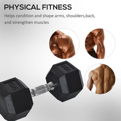 HOMCOM 15KG Single Rubber Hex Dumbbell Portable Hand Weights Dumbbell Home Gym