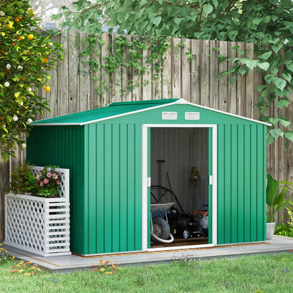 Outsunny 9 x 6ft Metal Garden Shed, Outdoor Storage Tool House with Ventilation Slots, Foundation Kit and Lockable Double Doors, Green