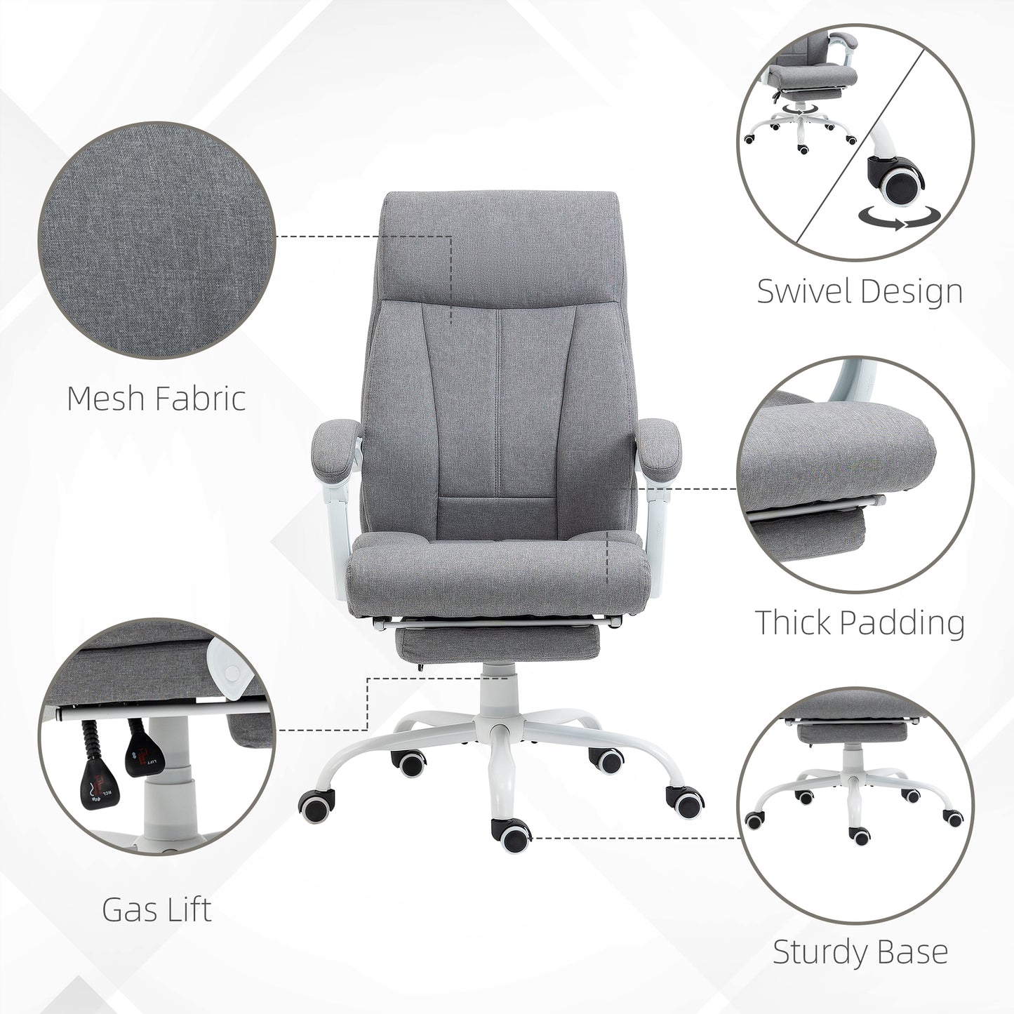 Vinsetto Office Chair, Ergonomic Desk Chair, Fabric Work Study Chair with 155° Reclining Back and Footrest, Adjustable Height and Swivel Wheels, Grey