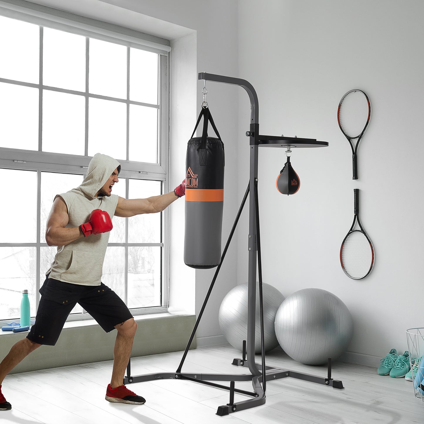 HOMCOM Freestanding Boxing Punch Bag & Speed Ball Station Hanging Frame Training Exercise Platform Home Gym Heavy Duty, Grey