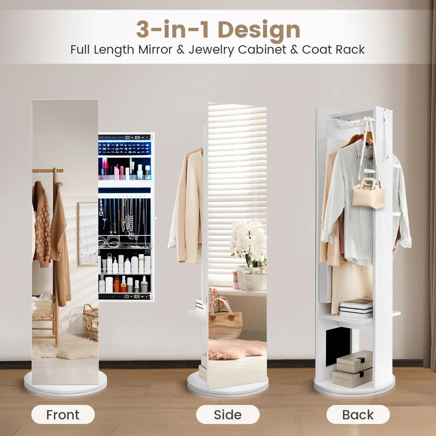 360° Swivel Jewelry Storage Cabinet Standing Makeup Armoire Full Length Mirror