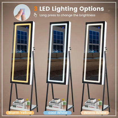 LED Standing Jewelry Mirror Cabinet 63"H Lockable Jewelry Armoire Organizer