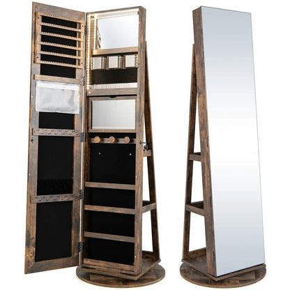 360° Rotating Jewellery Armoire Mirrored Jewelry Cabinet With Display Shelves & LED