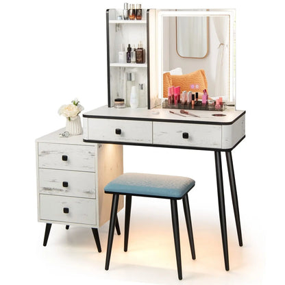 Vanity Table Set, Modern Makeup Dressing Table w/ 3-Color Touch Screen Dimming Mirror