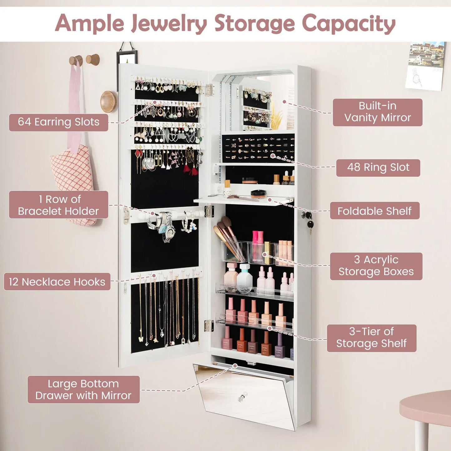 120cm LED Jewelry Mirror Cabinet Wall Mounted Jewelry Armoire Organizer