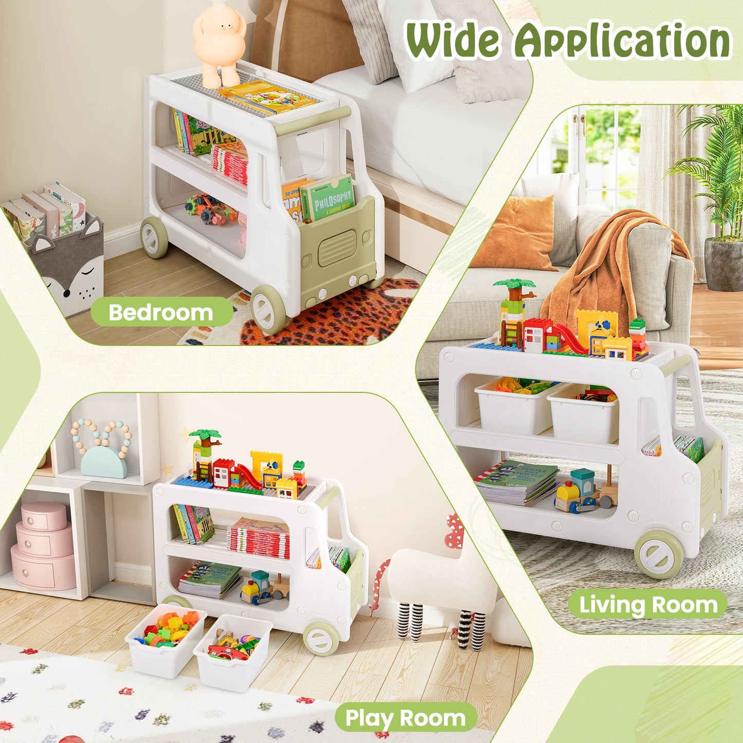 Kids Storage Organizer, 2 in 1 Car Shaped Cabinet w/Safe HDPE Frame, 2-tier Opening Shelf