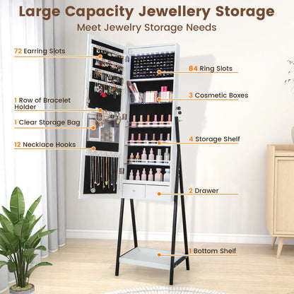 LED Standing Jewelry Mirror Cabinet 63"H Lockable Jewelry Armoire Organizer