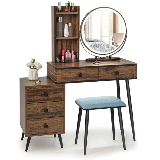 Vanity Set with 3-Color Lighted Mirror, Makeup Table w/ Cushioned Stool, 3-Drawer Chest