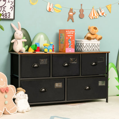 5 Drawer Storage Dresser, Wide Storage Organizer Unit w/ Labels, Steel Frame & Removable Fabric Bins