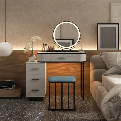 Vanity Table Set with Lighted Mirror, Makeup Table with Cushioned Stool