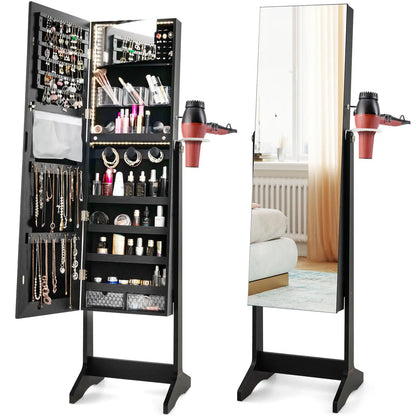 Freestanding Jewelry Mirror Cabinet Lockable Jewelry Armoire with 3-Colour Led Light