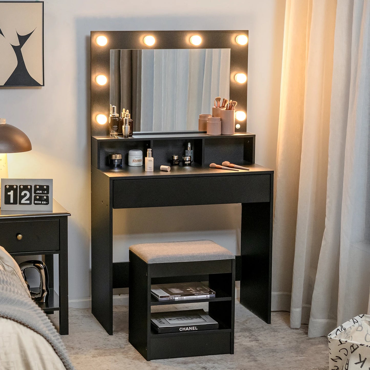 Vanity Table Set w/ Lighted Mirror, Makeup Dressing Desk w/ 8 LED Light Bulbs, 3 Open Compartments