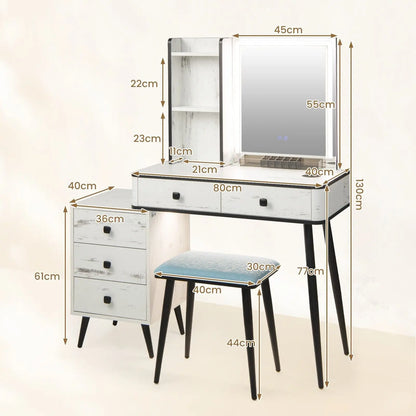 Vanity Table Set, Modern Makeup Dressing Table w/ 3-Color Touch Screen Dimming Mirror