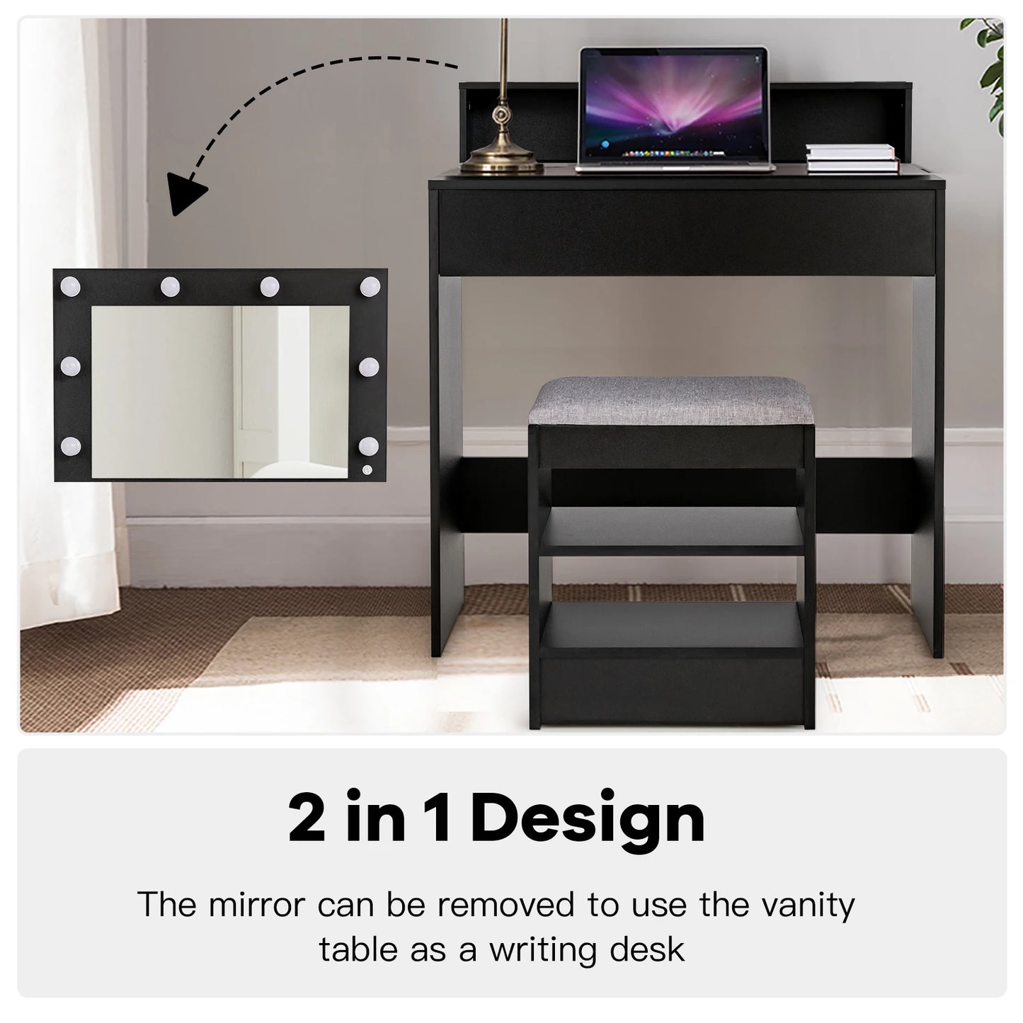 Vanity Table Set w/ Lighted Mirror, Makeup Dressing Desk w/ 8 LED Light Bulbs, 3 Open Compartments