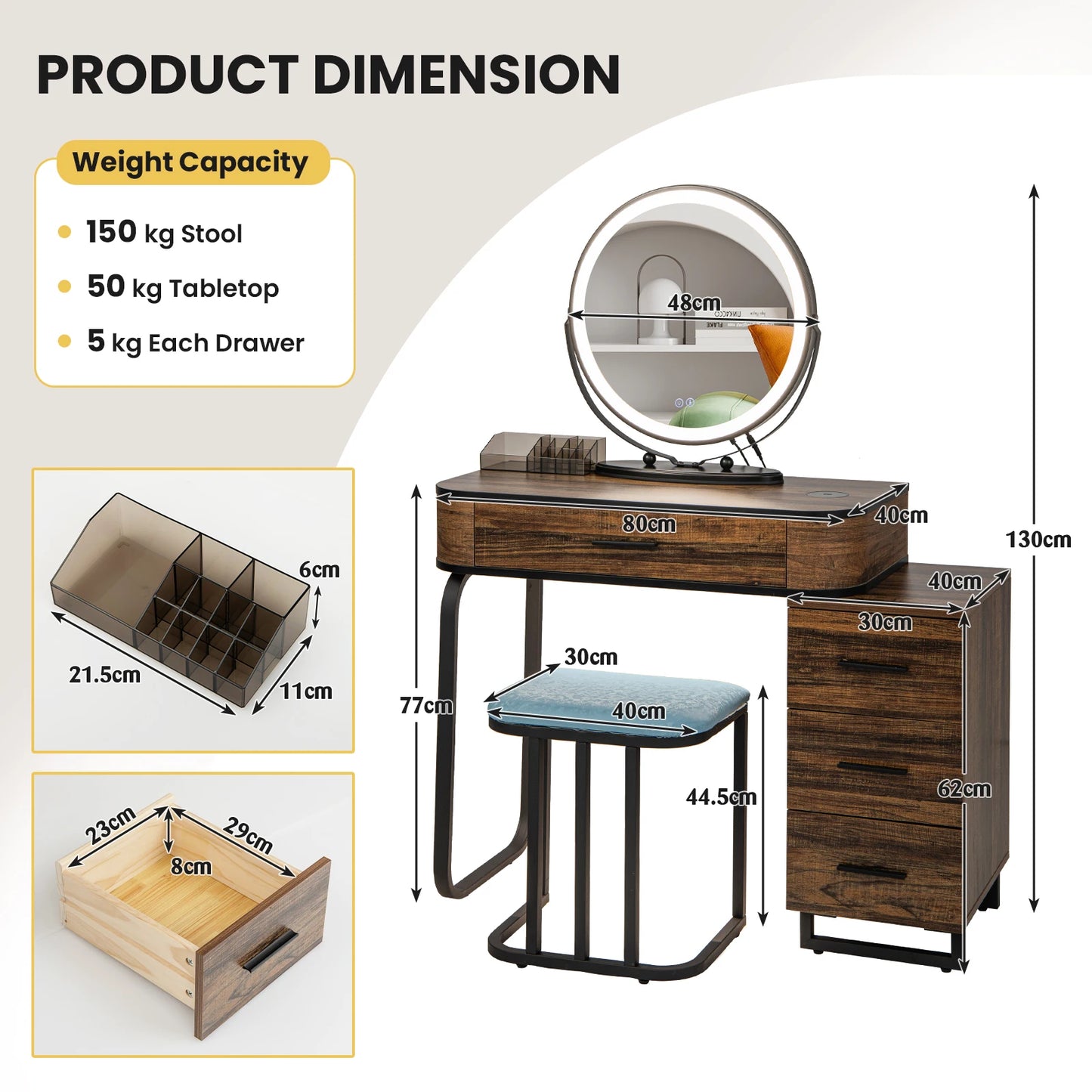 Vanity Table Set with Lighted Mirror, Makeup Table with Cushioned Stool