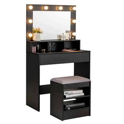 Vanity Table Set w/ Lighted Mirror, Makeup Dressing Desk w/ 8 LED Light Bulbs, 3 Open Compartments