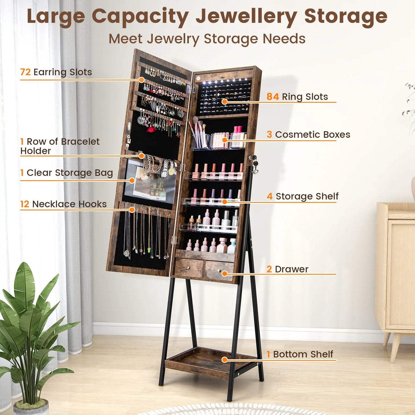 LED Standing Jewelry Mirror Cabinet 63"H Lockable Jewellery Armoire Organizer