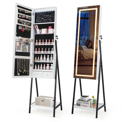 LED Standing Jewelry Mirror Cabinet 63"H Lockable Jewelry Armoire Organizer