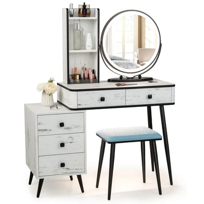 Vanity Set with 3-Color Lighted Mirror, Makeup Table w/ Cushioned Stool, 3-Drawer Chest