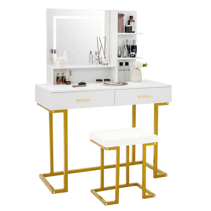 Vanity Set with Large Mirror, Makeup Vanity Table with Cushioned Stool & Bright LED Lights, 2 Drawers