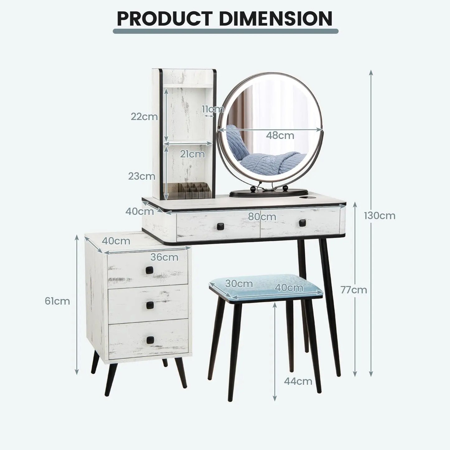 Vanity Set with 3-Color Lighted Mirror, Makeup Table w/ Cushioned Stool, 3-Drawer Chest