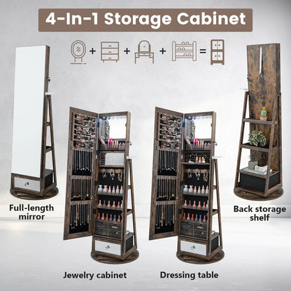 360° Rotating Jewelry Armoire Full Length Mirrored Freestanding Makeup Cabinet