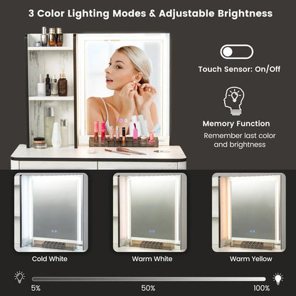 Vanity Table Set, Modern Makeup Dressing Table w/ 3-Color Touch Screen Dimming Mirror