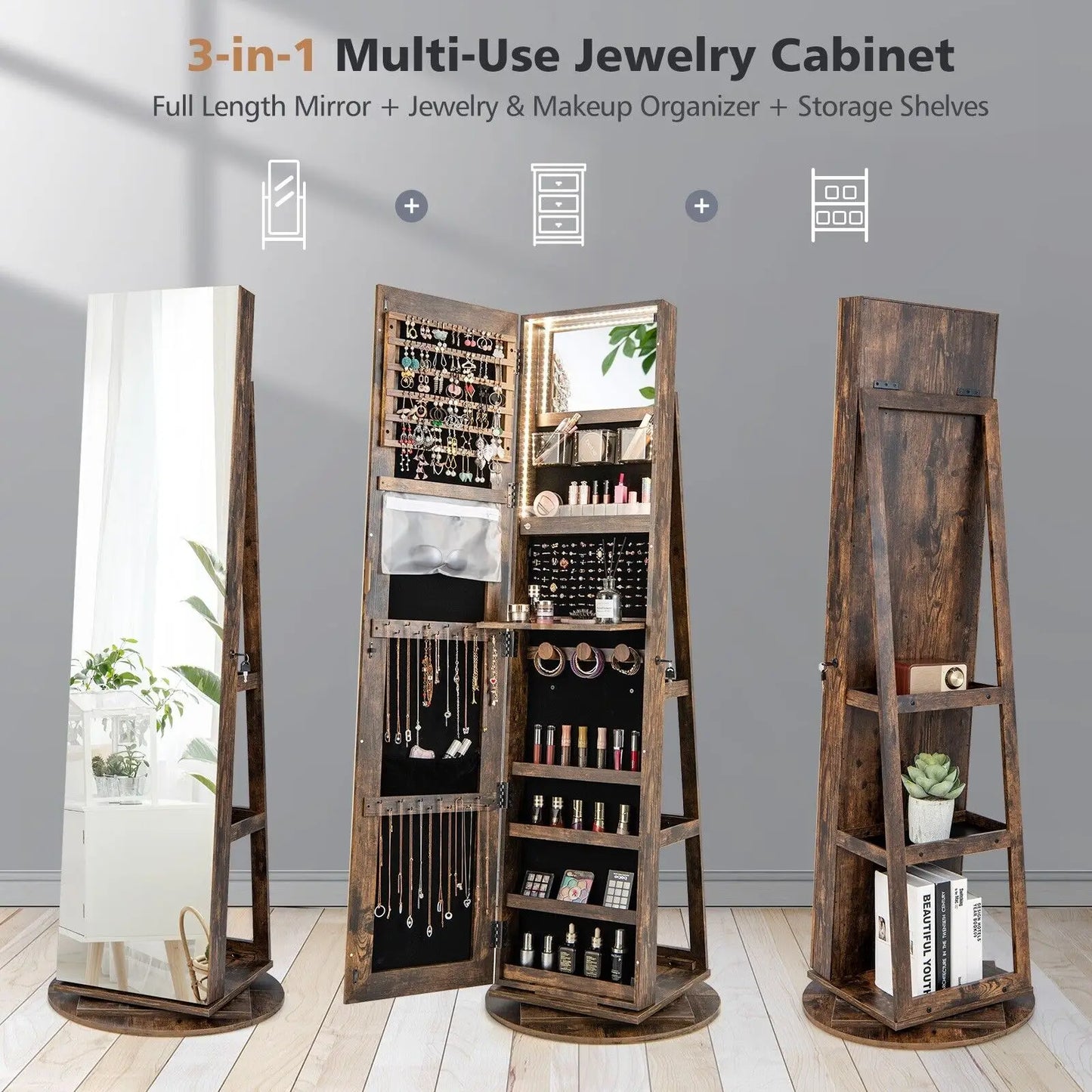 360° Rotating Jewellery Armoire Mirrored Jewelry Cabinet With Display Shelves & LED