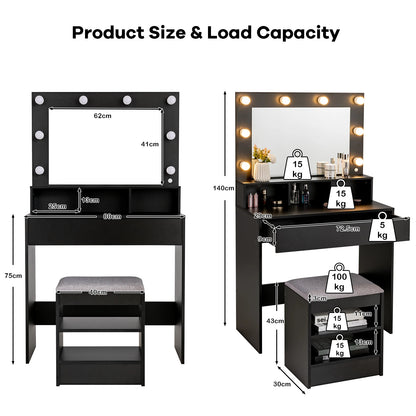 Vanity Table Set w/ Lighted Mirror, Makeup Dressing Desk w/ 8 LED Light Bulbs, 3 Open Compartments