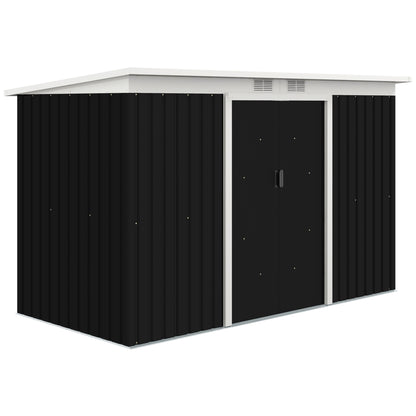 Outsunny 9ft x 4ft Metal Garden Shed, Outdoor Tool House with Foundation Kit, Ventilations and Double Doors, Dark Grey