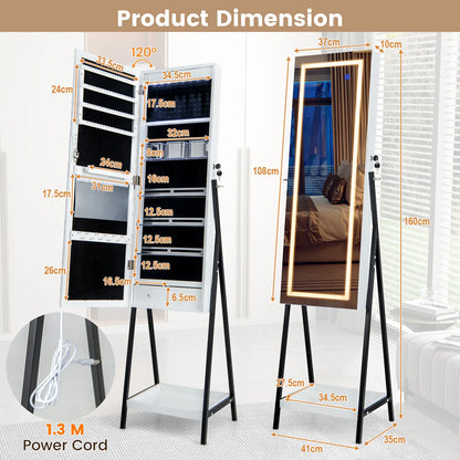 LED Standing Jewelry Mirror Cabinet 63"H Lockable Jewelry Armoire Organizer