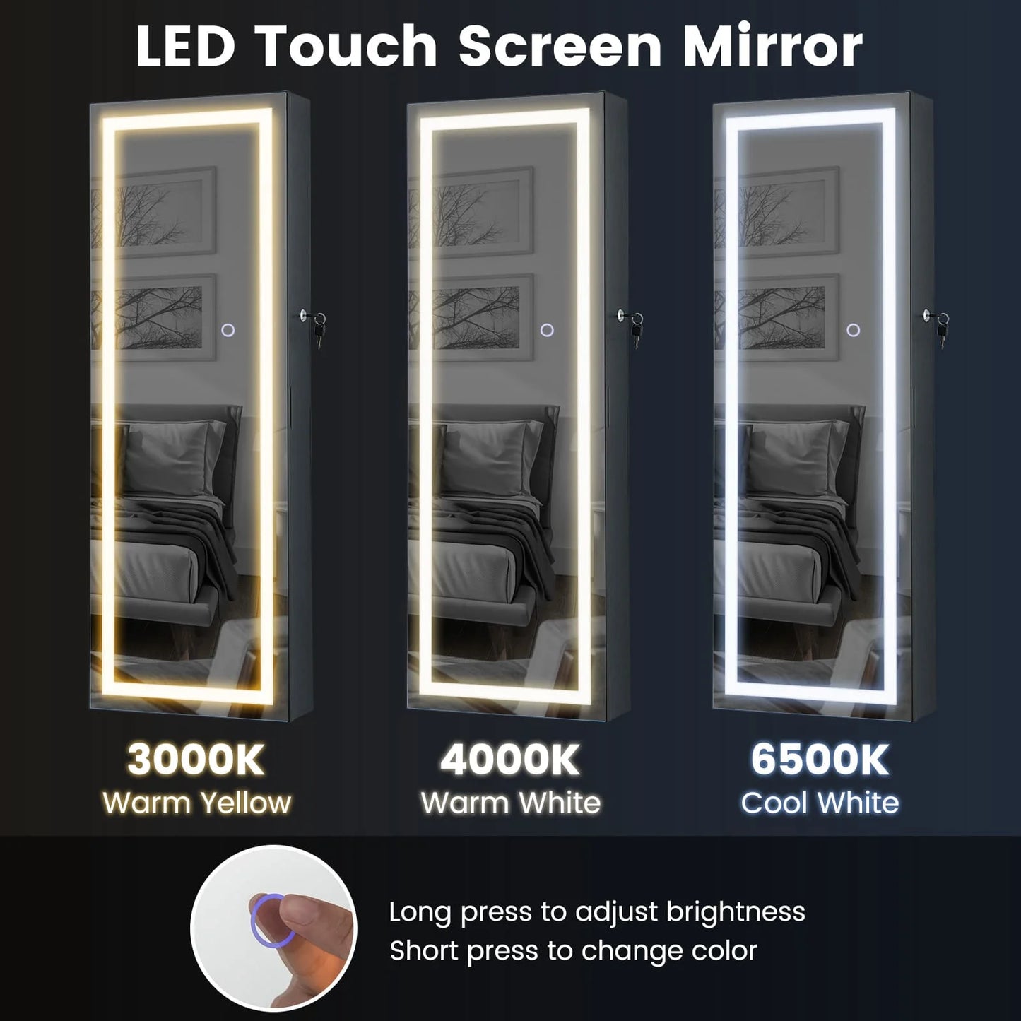 Black 108cm Jewellery Mirror Cabinet Lockable Jewelry 3 Color LED Lights