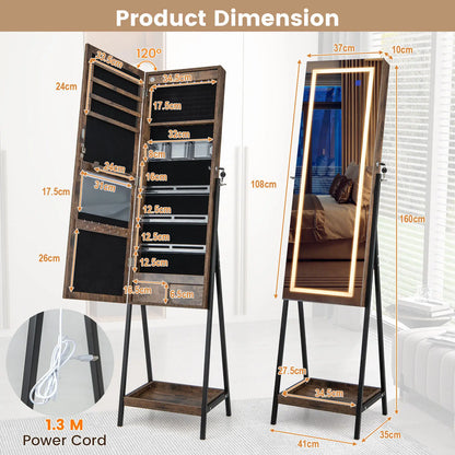 LED Standing Jewelry Mirror Cabinet 63"H Lockable Jewellery Armoire Organizer