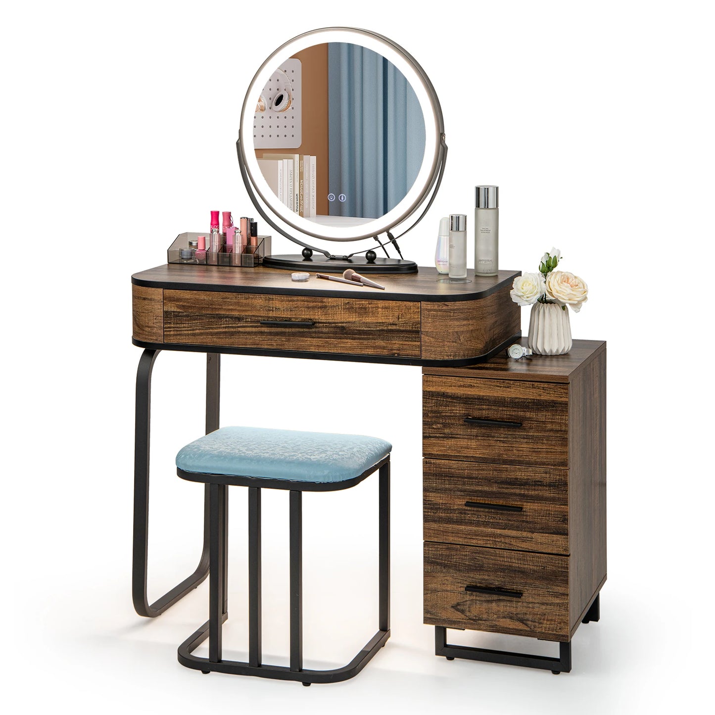 Vanity Table Set with Lighted Mirror, Makeup Table with Cushioned Stool