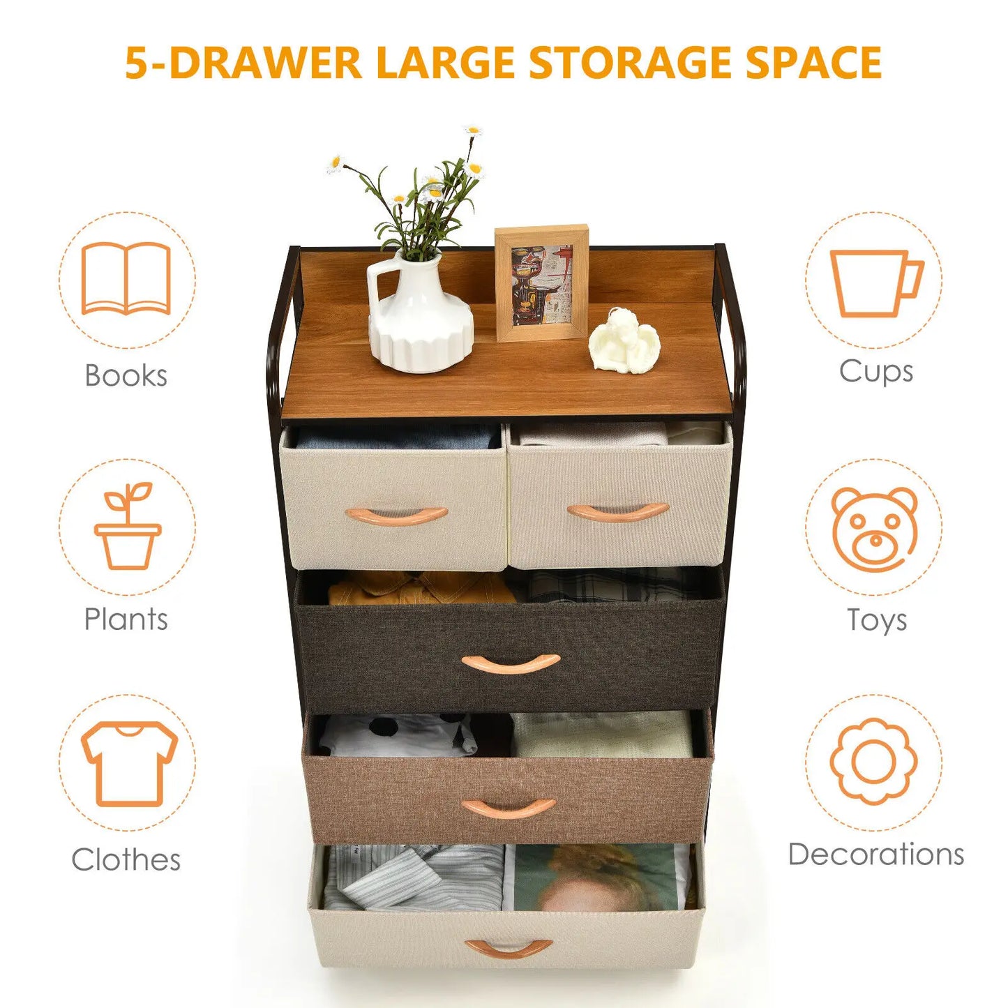 5 Drawer Dresser Storage Tower, Vertical Organizer Unit w/ Foldable Fabric Drawers