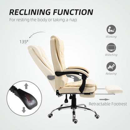 HOMCOM Executive Office Chair, Home Office Chair with Swivel Wheels, Reclining Backrest, Retractable Footrest, Cream White