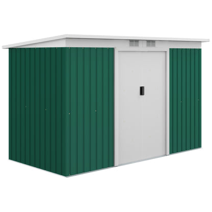 Outsunny 9ft x 4ft Metal Garden Shed, Outdoor Tool House with Foundation Kit, Ventilations and Double Doors, Deep Green