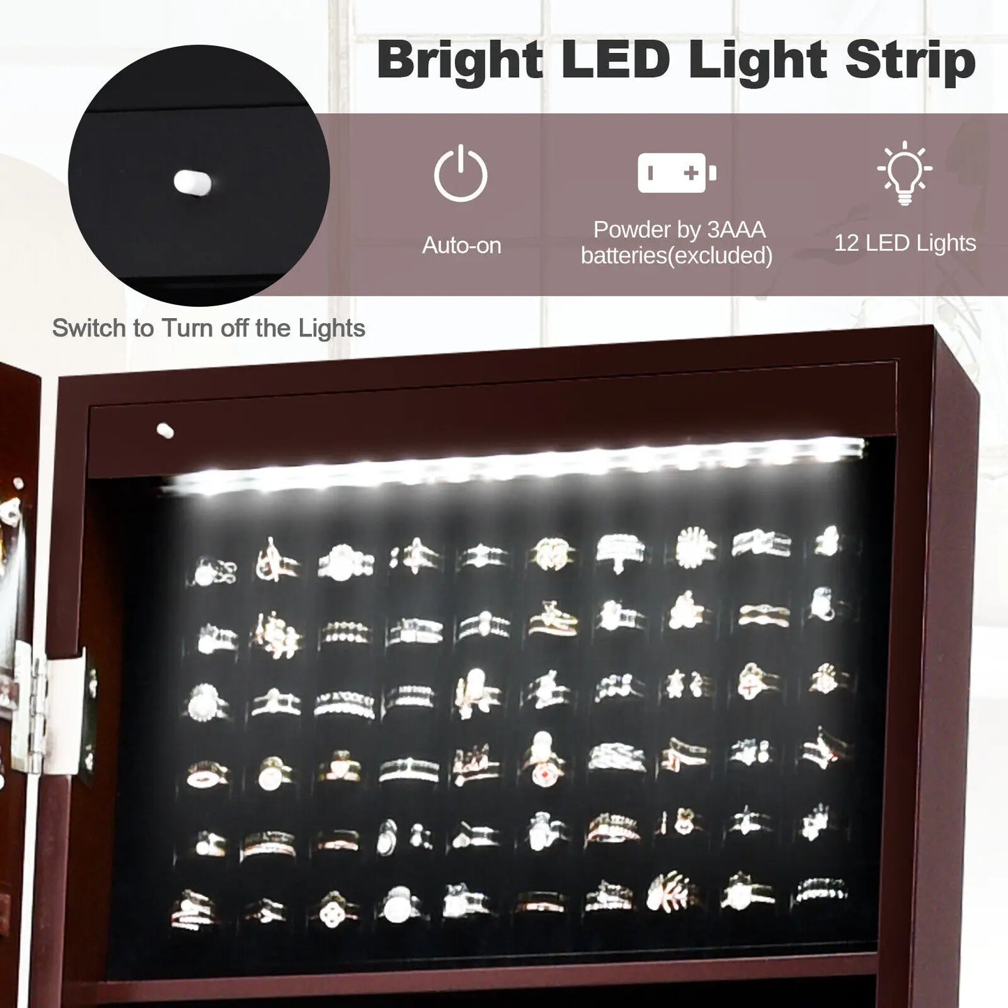 LED Standing Mirror Jewelry Cabinet Makeup Armoire Jewelry Organizer With Shelf