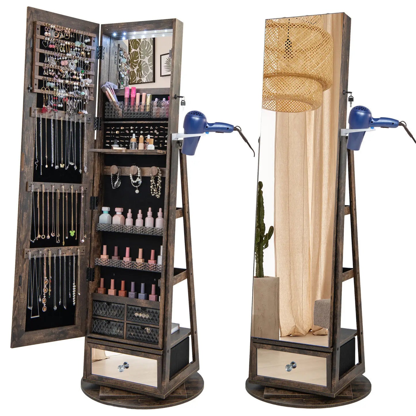 360° Rotating Jewelry Armoire Full Length Mirrored Freestanding Makeup Cabinet