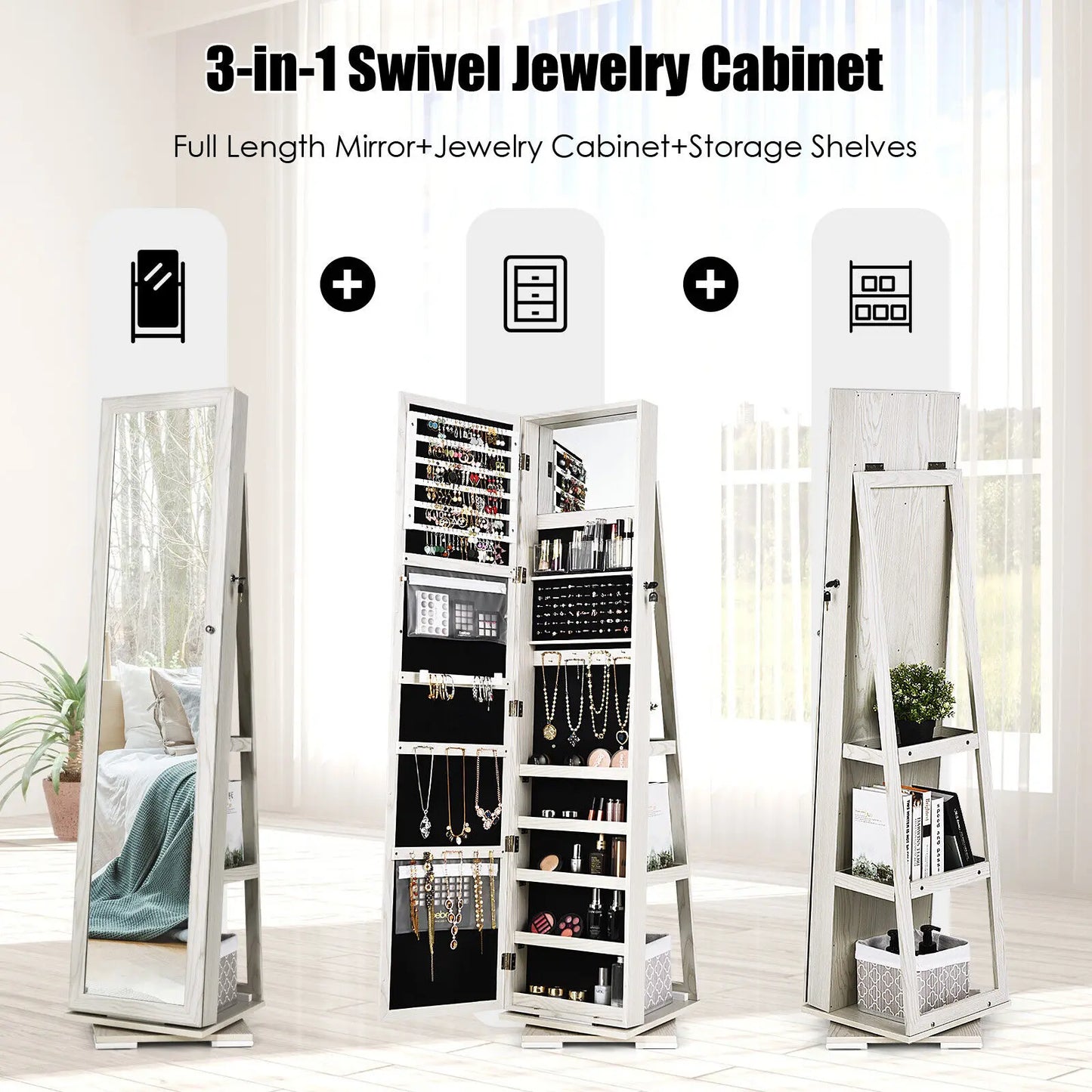 Free Standing Jewelry Armoire 360 Rotating Mirrored Jewelry Cabinet With Lock