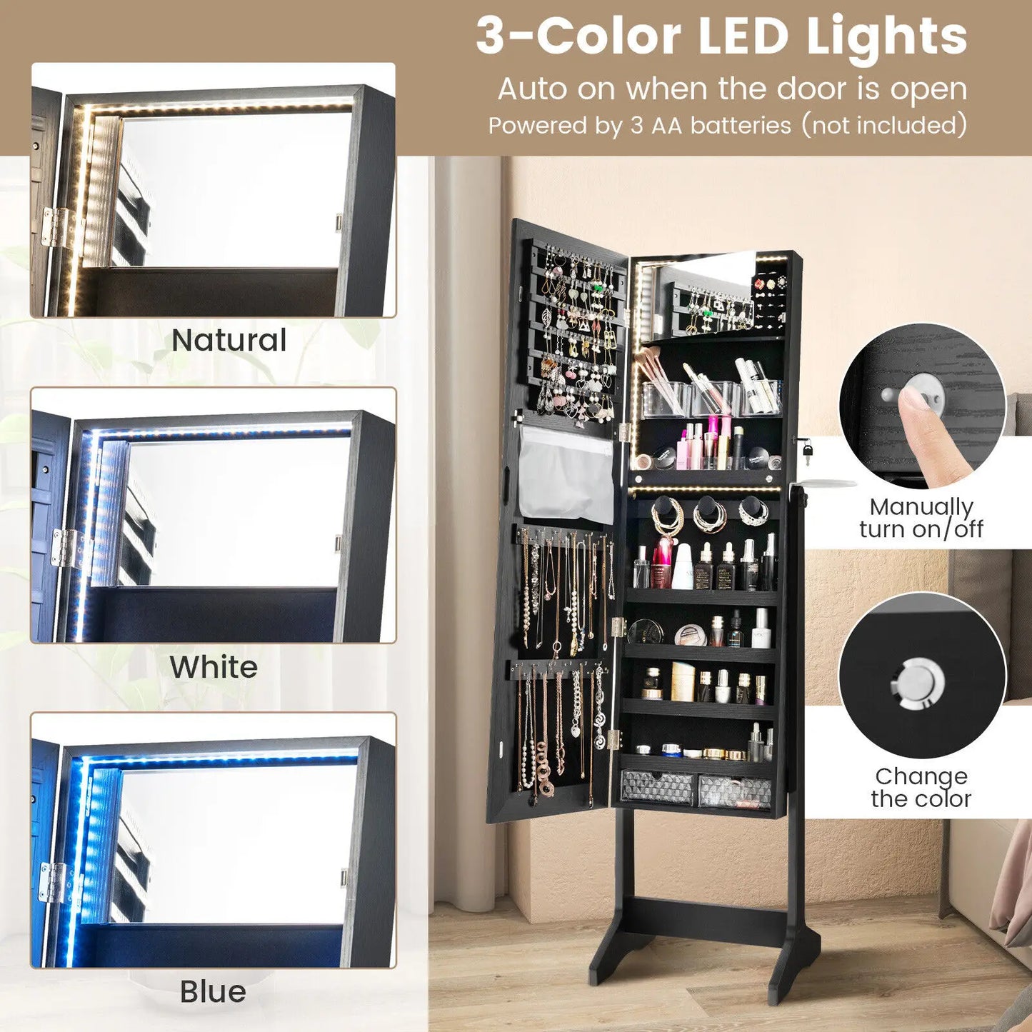 Freestanding Jewelry Mirror Cabinet Lockable Jewelry Armoire with 3-Colour Led Light